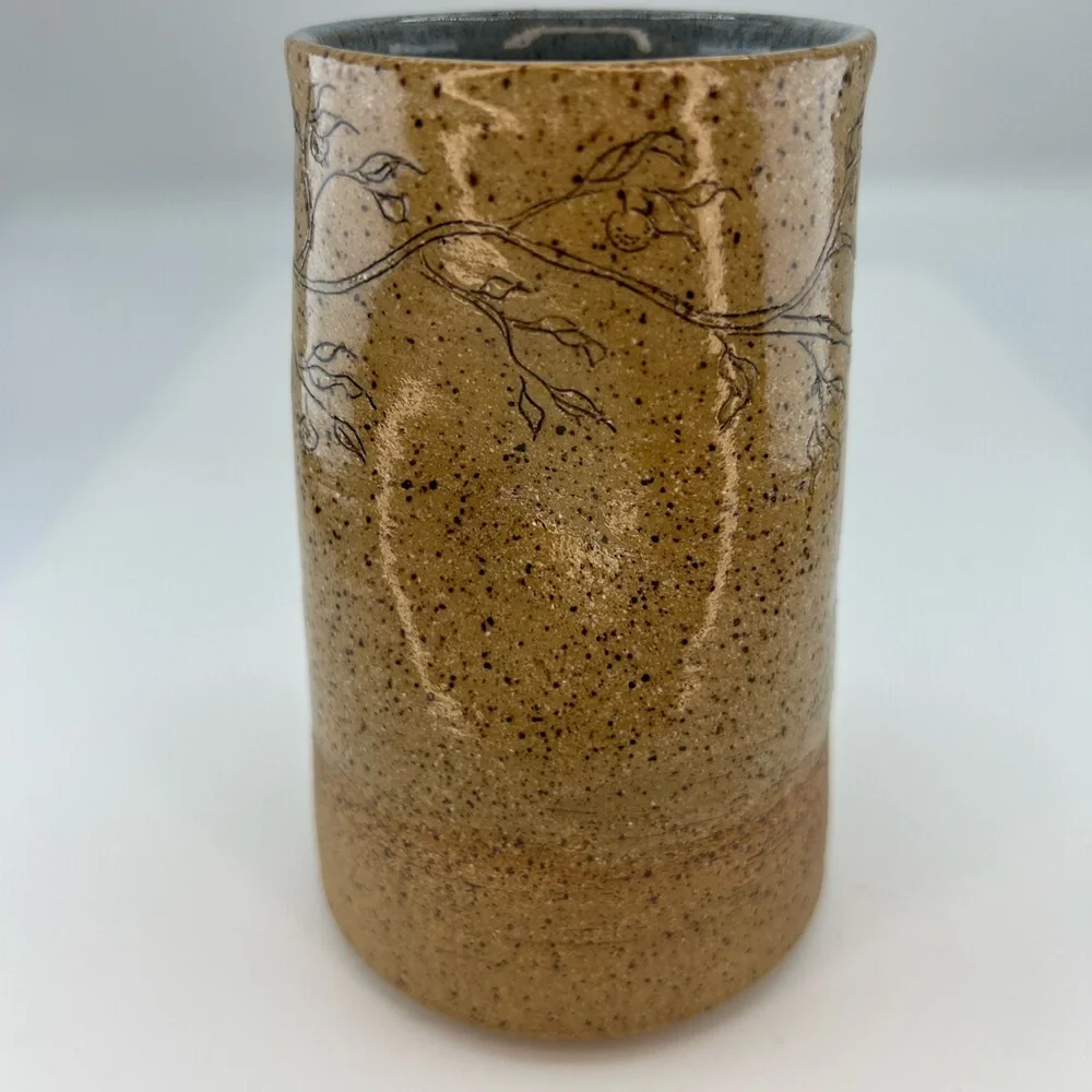 Folk Art Sandstone Pottery Vase “One Day At A Time” Fauna Print Artist Signed